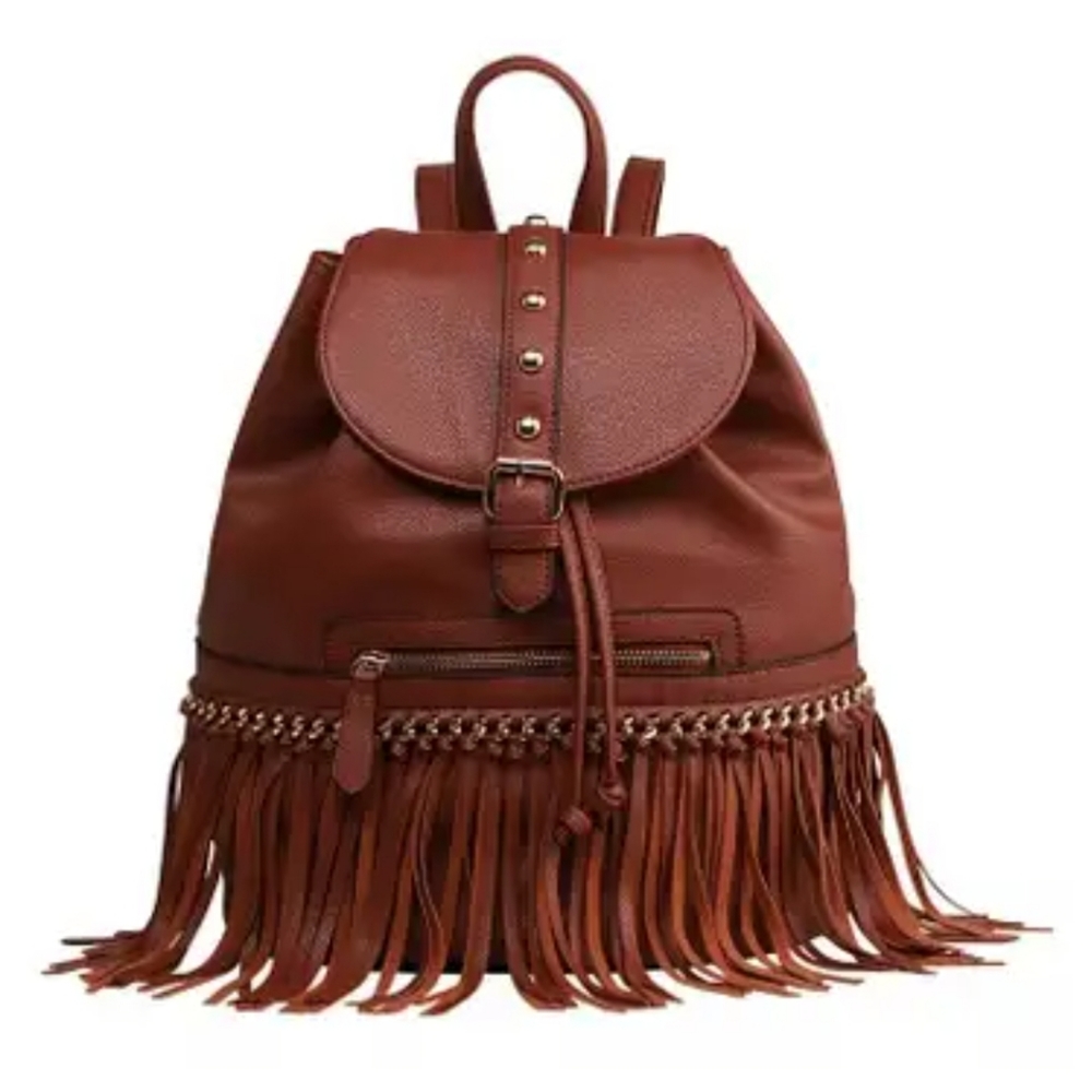 Backpack brown studded fringe metal top flap cinch pocket large boho school